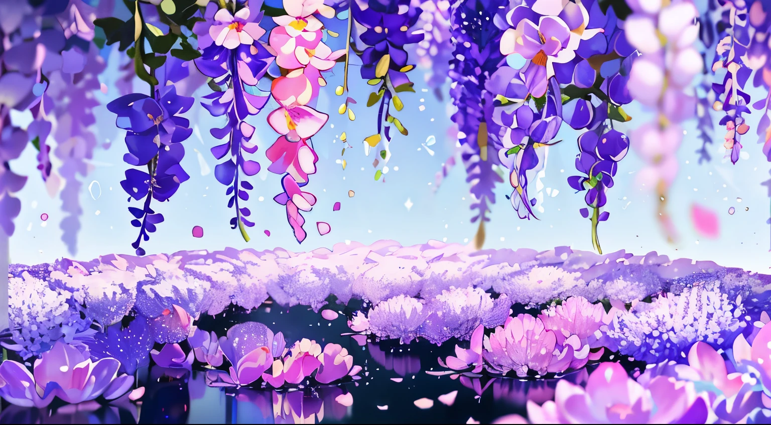 Wallpaper, pink water, pink gradation water, calm water, wisteria petal, wisteria tree, crystal, crystal chunk, HD Detail, Ultra Detail, Soft Light, Deep Field Focus Bokeh, Ray Tracing, Diffuse (extra fine glass reflections). --v6