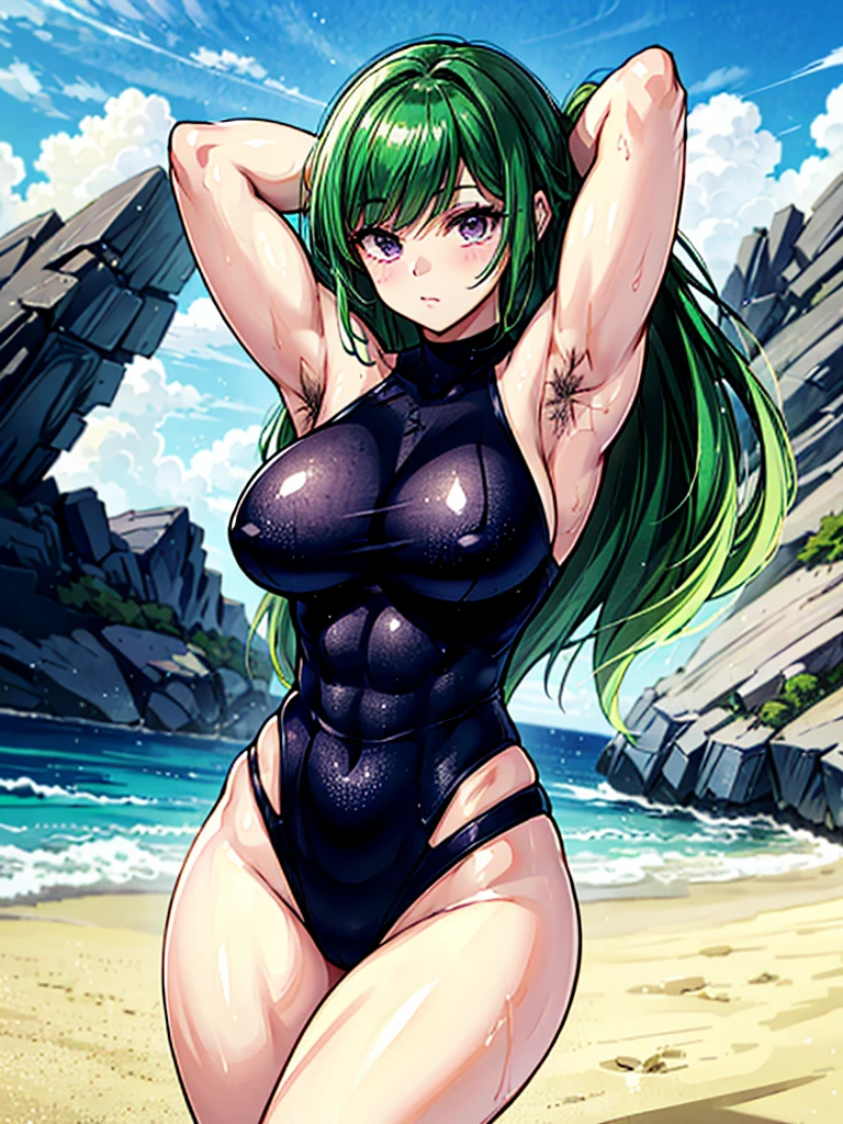 (((masterpiece、Highest image quality、highest quality、highly detailed unity 8kwallpaper)))、((Illustration of one girl))、(((beautiful girl)))、((green hair、pixie cut:1.3、sidelocks、purple eyes))、(stocky build, thickset physique, muscular legs, broad shoulders:1.2, solid chest:1.3)、(((hairy armpits:1.4)))、(armpit hair:1.4)、swimsuit、sandy beach
