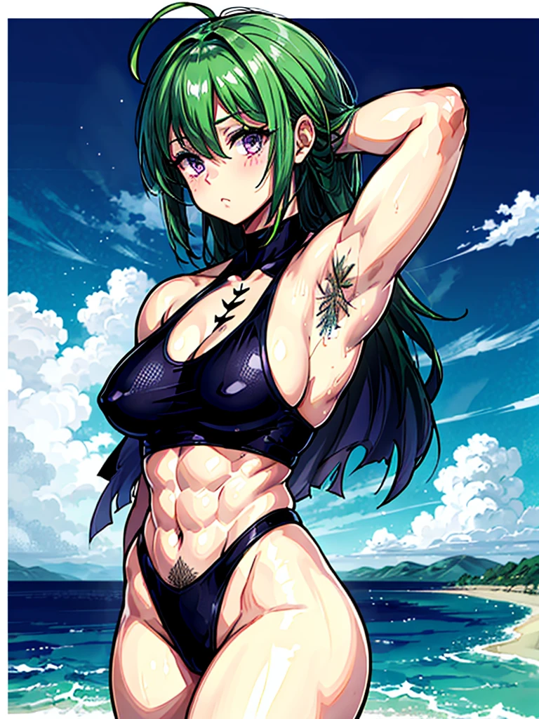 (((masterpiece、Highest image quality、highest quality、highly detailed unity 8kwallpaper)))、((Illustration of one girl))、(((beautiful girl)))、((green hair、pixie cut:1.3、sidelocks、purple eyes))、(stocky build, thickset physique, muscular legs, broad shoulders:1.2, solid chest:1.3)、(((hairy armpits:1.4)))、(armpit hair:1.4)、swimsuit、sandy beach