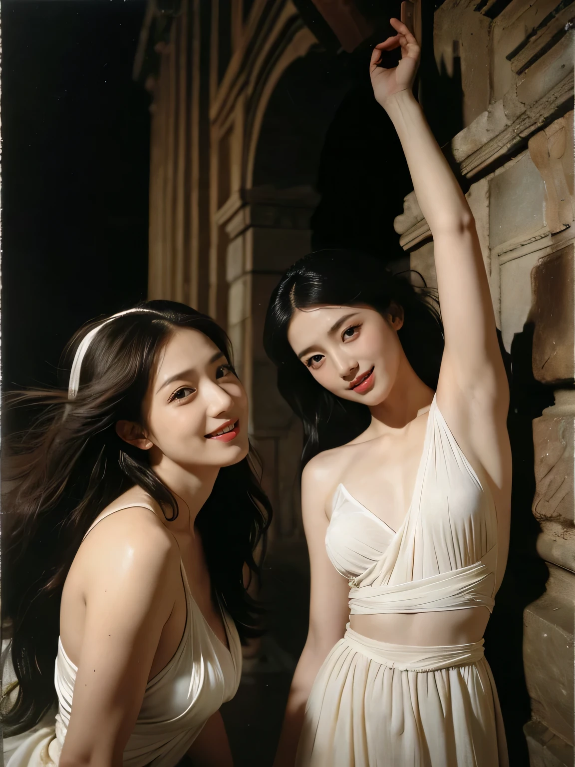 Ancient Roman scenery in the style of Nicolas Poussin,A smile,,Sweet and seductive appearance.、Caravaggio's paintings、Chiaroscuro of Caravaggio、Hair disheveled in the wind,Two women frolicking,Cute smile, Expression of ecstasy,A sexy,erotic