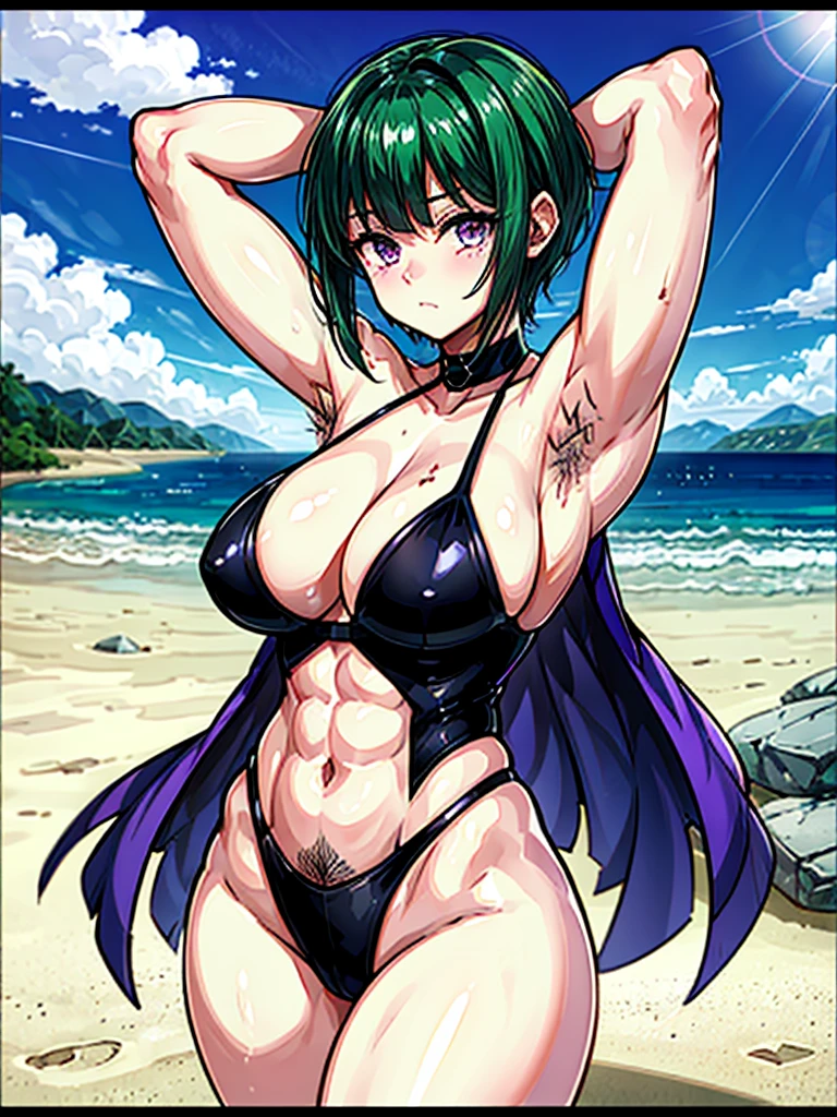 （（（masterpiece、Highest image quality、highest quality、highly detailed unity 8ｋwallpaper）））、（（Illustration of one girl））、（（（beautiful girl）））、（（green hair、pixie cut：1.idelocks、purple eyes））、（stocky build, thickset physique, muscular legs, broad shoulders：1.2, solid chest：1.3）、（（（hairy armpits：1.4）））、(armpit hair:1.4)、suit、sandy beach