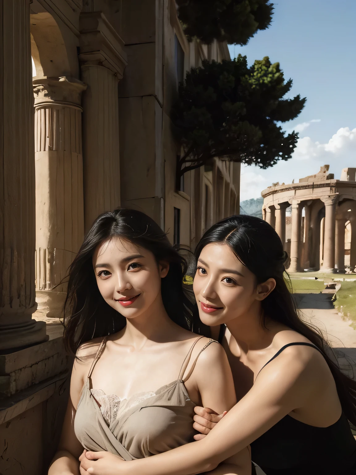 Ancient Roman scenery in the style of Nicolas Poussin,A smile,,Sweet and seductive appearance.、Caravaggio's paintings、Chiaroscuro of Caravaggio、Hair disheveled in the wind,Two women frolicking,Cute smile, Expression of ecstasy,A sexy,erotic