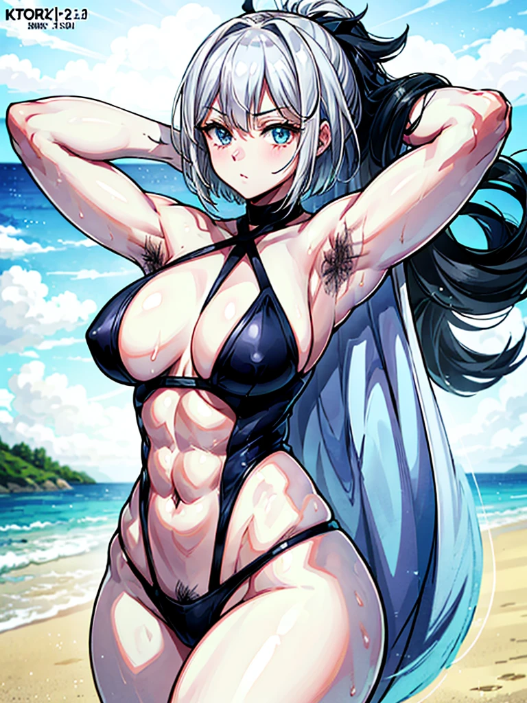 (((masterpiece、Highest image quality、highest quality、highly detailed unity 8kwallpaper)))、((Illustration of one girl))、(((beautiful girl)))、((white hair、short hair、crew cut:1.2、light blue eyes))、(((stocky build, thickset physique, muscular legs, broad shoulders, solid chest:1.3)))、(((White hairs、hairy armpits:1.4)))、(armpit hair:1.wimsuit、sandy beach