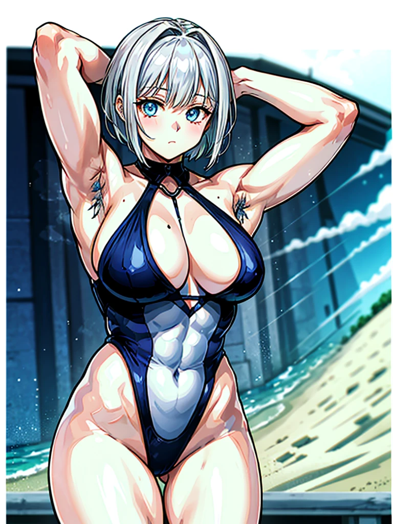 （（（masterpiece、Highest image quality、highest quality、highly detailed unity 8ｋwallpaper）））、（（Illustration of one girl））、（（（beautiful girl）））、（（white hair、short hair、crew cut：1.2、light blue eyes））、（（（stocky build, thickset physique, muscular legs, broad shoulders, solid ：1.3）））、（（（White hairs、hairy armpits：1.4）））、(armpit hair:1.4)、swimsuit、sandy beach