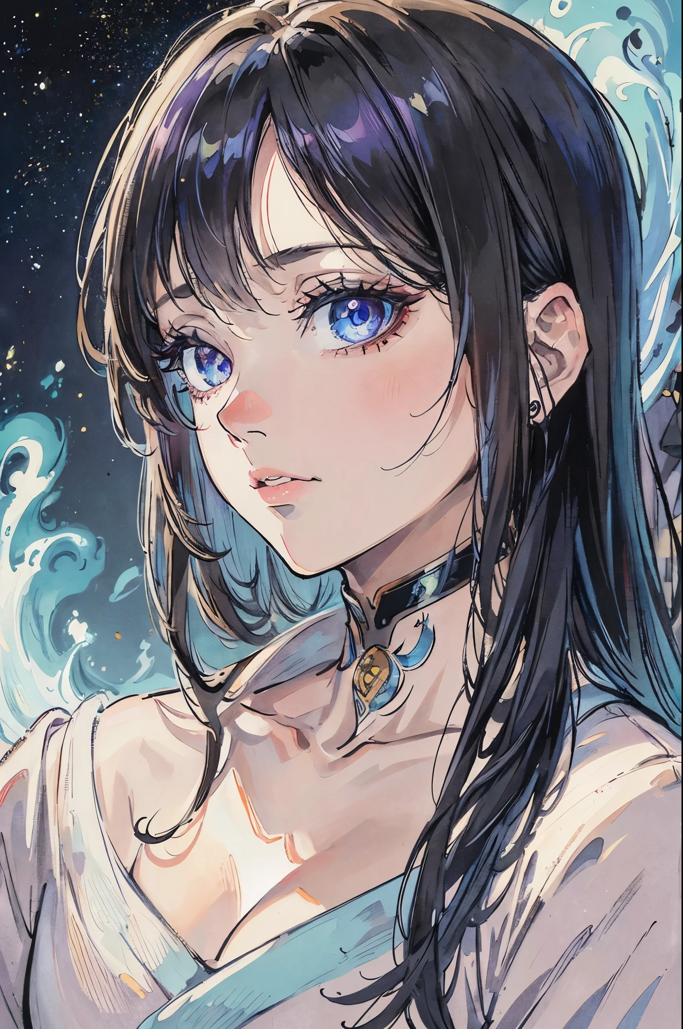 Woman's face (better quality,Ultra - Details,Best Illustration,The best eye shadows,masterpiece,a high resolution,Professional Work,famous works of art),detailed eyes,Beautiful eyes,Science fiction,colored sclera,Robot Eyes,tattoos on the sides of the vine ,Fractal eyes),big eyes,eyes are not the usual color ),Facial focus,Cosmic eyes,Cosmic eyes,extremely high detail,Extremely detailed images Stunning portrait,Side image,