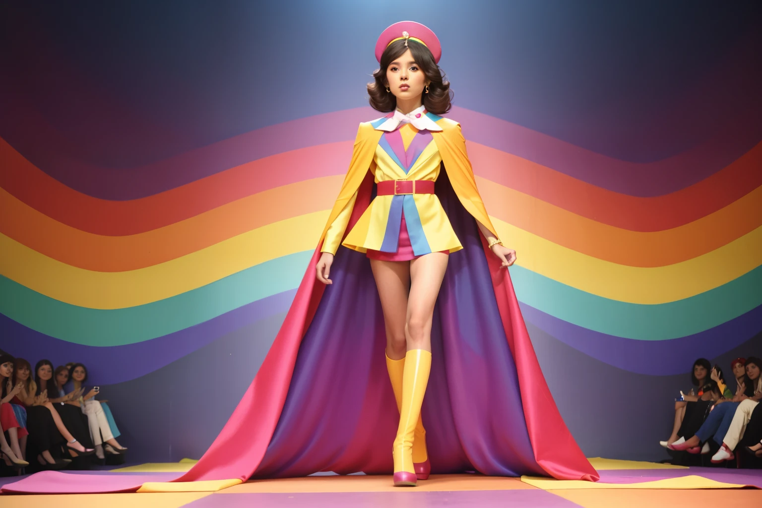 1970s Rainbow Runway Fashion Show (Location: Rainbow Runway)
Character: A fashion-forward tween, with a rainbow-colored cape, struts the runway in a magical fashion show during the 1970s. Wes Anderson's runway palette captures the vibrant spectrum of enchanted attire.