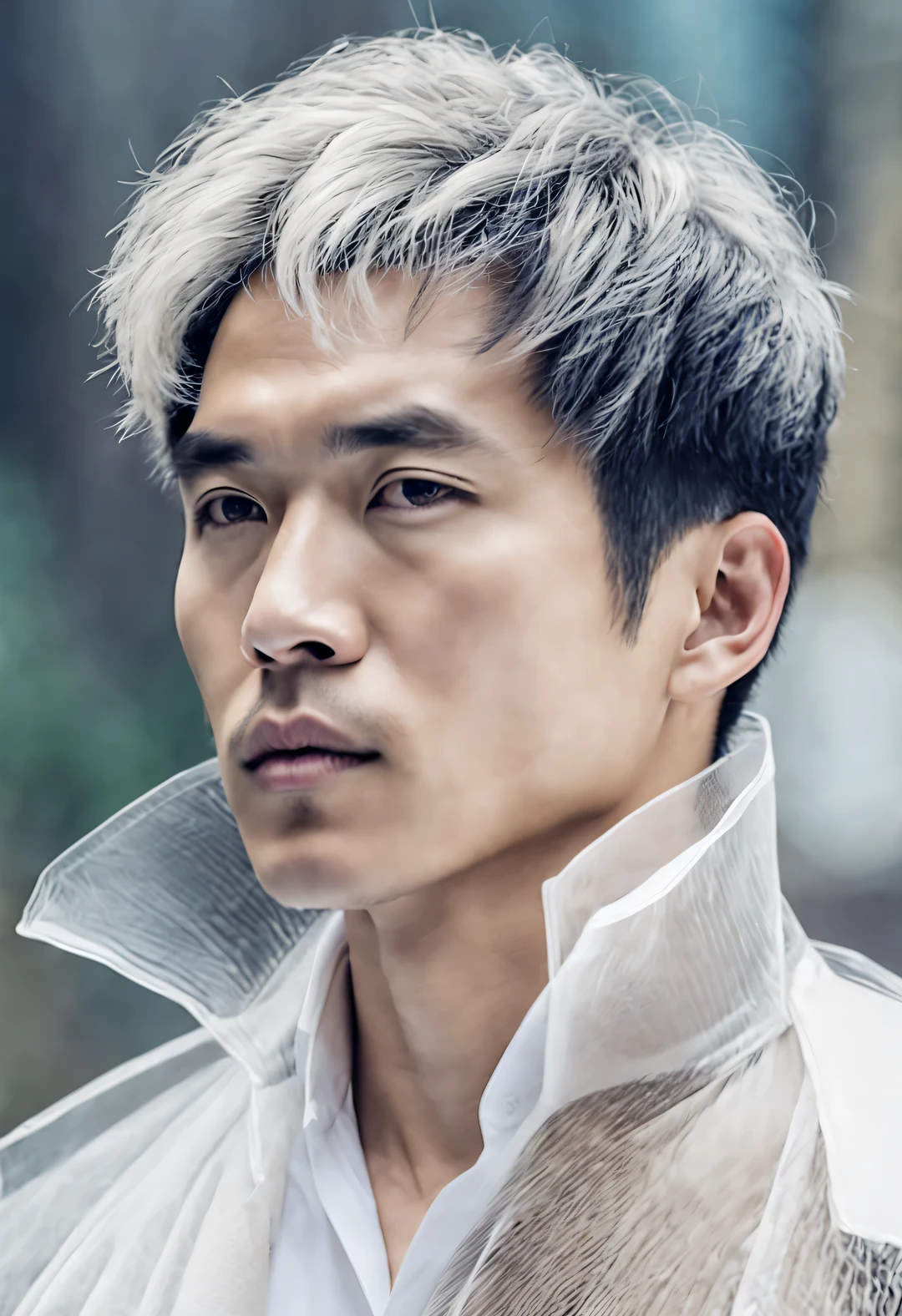 Head portrait of Asian man with completely transparent face and black curly hair,(bust),Chinese actor Hu Ge,Toned muscles,