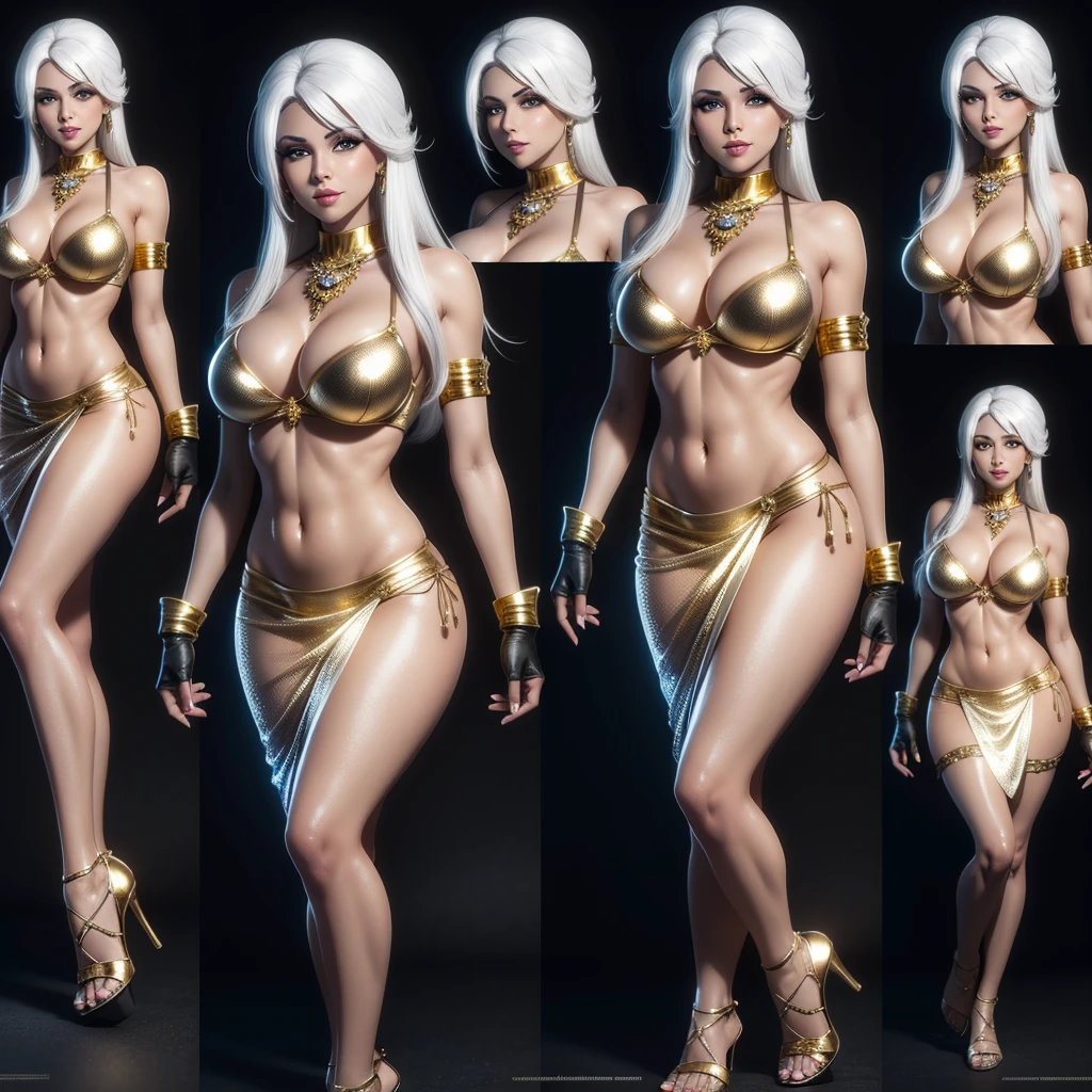 concept art,3d, 1female, a 50-year-old indian ifbb bimbo milf, white hair, shiny gold skirt, dark skinned, sheer gloves, thick lips, iridescent bra, multiple views, model sheet