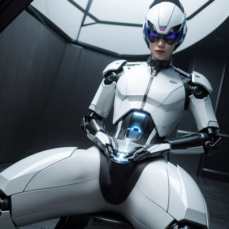 (((best quality, 4k))), (androgynous male robot, his testicles are made of glass and very fragile, which is critical weakness of his otherwise ideal design)