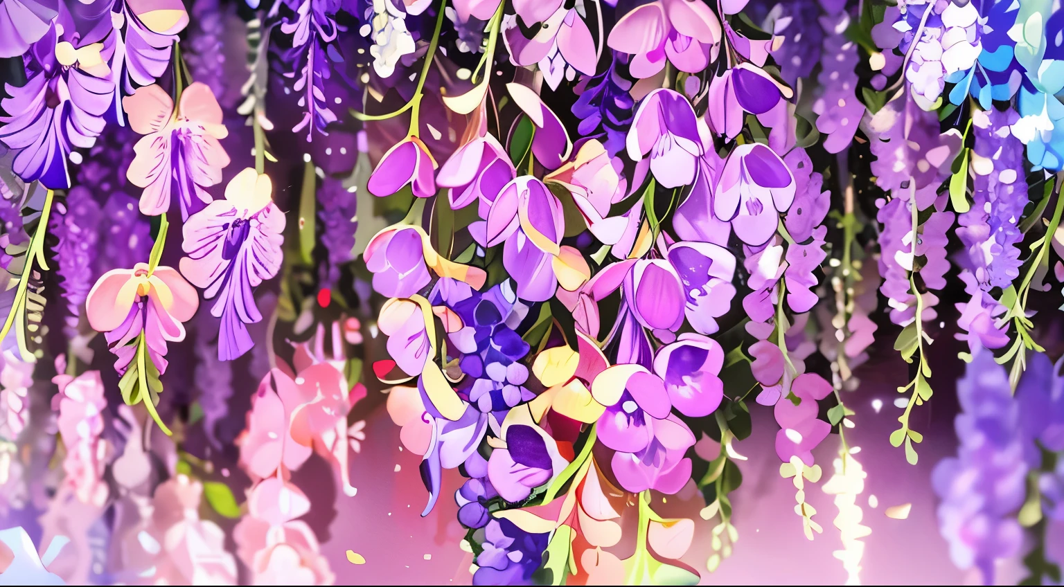 Wallpaper, wisteria, wisteria tree, wisteria petal, wisteria tree, whole wisteria tree, wind blowing, light with pink gradation background, HD Detail, Ultra Detail, Film, Hyper Realism, Soft Light, Deep Field Focus Bokeh, Ray Tracing, Diffuse (extra fine glass reflections). --v6