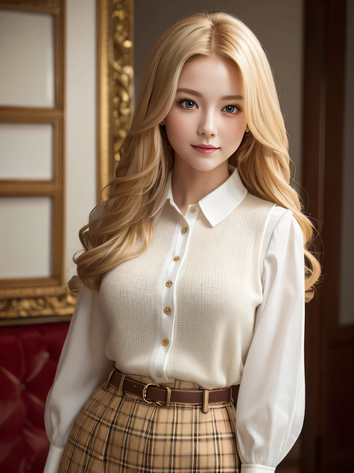 Highest Quality Masterpiece, alone, wonderful, Solo images with unparalleled resolution and intricate detail. woman, Charming and seductive, is the focus. she is wearing a white button up blouse, The finest fabrics make her fair skin shine, and sweater vest, Add texture and style layers. plaid skirt, fall on her giant, curvy hips, highlight her voluptuous figure. Her hairstyle is、that&#39;Cascade of golden hair with blonde highlights。, Framing her face、Shine under the highest quality, cinematic lighting. pale red eyes, Reflecting a mysterious and cunning smile, look out,