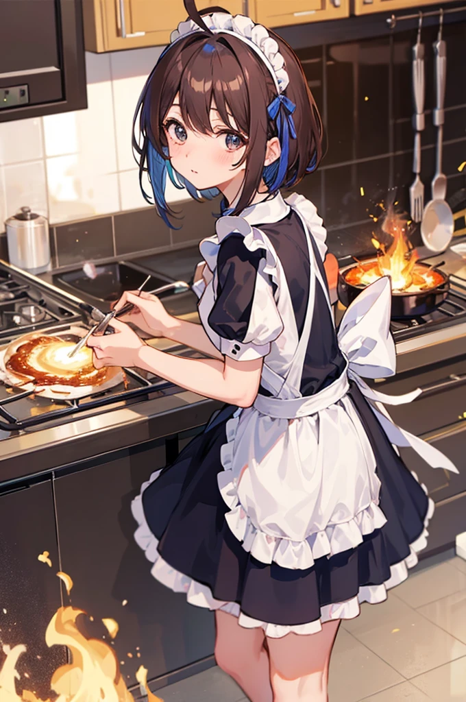 masterpiece, highest quality, 1 girl, takanashisora, blush, brown hair, Ahoge, blue hair ribbon, hair band, Maid clothes, looking at the viewer, panic, Messy kitchen, fire, kitchen background