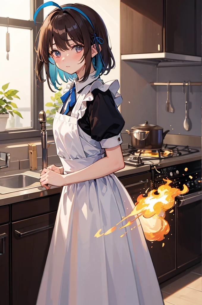 masterpiece, highest quality, 1 girl, takanashisora, blush, brown hair, Ahoge, blue hair ribbon, hair band, Maid clothes, looking at the viewer, panic, Messy kitchen, fire, kitchen background