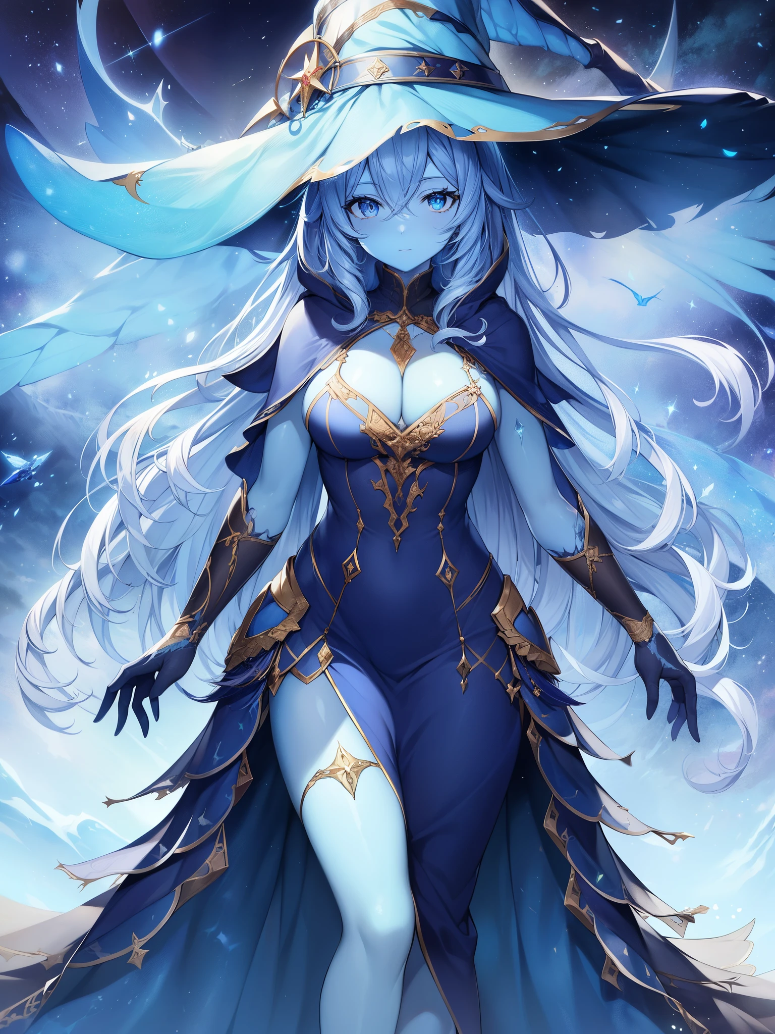 ((masterpiece, best quality:1.2)), (ultra-detailed:1.2), (Masterpiece, Top Quality, Best Quality, Official Art, Beautiful and Aesthetic: 1.2), Very Detailed, Fractal Art, Colorful, Most Detailed, 1girl,solo,hat, dress,wavy hair, own hands together, cloak, witch,universe,Star Sea,meteor,fantasy,dramatic,glow,Particle effect,
(cracked skin, blue skin, colored skin, 4 arms, extra arms:1.3), Ranni,(((angle of elevation))),looking at viewer, (wide-angle lens),