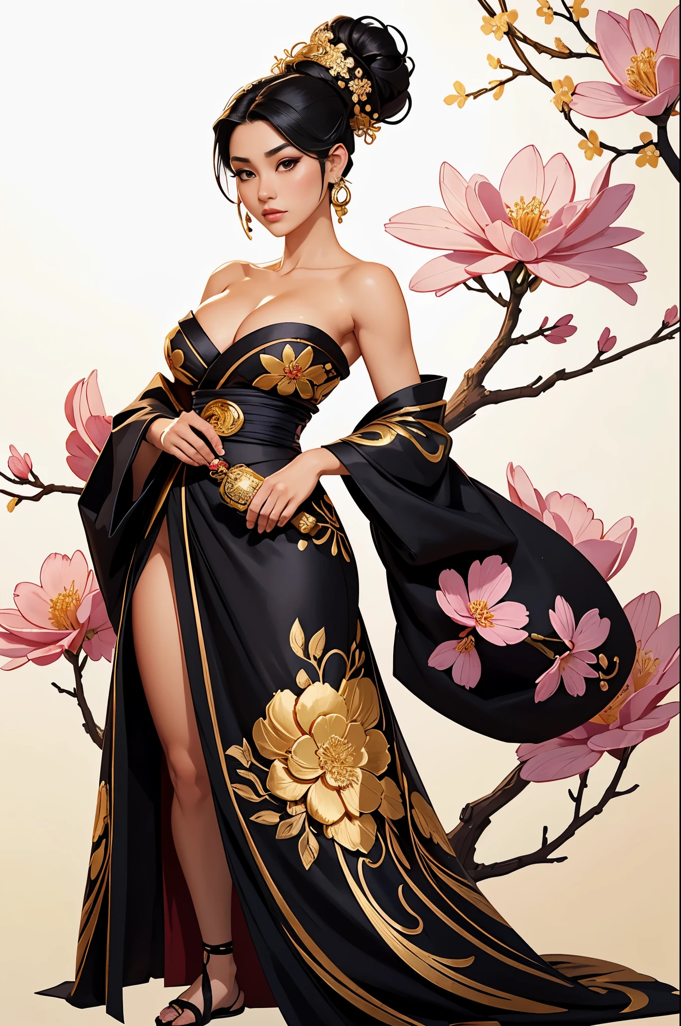 gorgeous oriental woman, black hair in an elaborate hairstyle, elegant embroidered kimono, sakura flower embroidery, gold details, full body shot, cleavage, bare shoulders, standing, large breasts, alchemist, strapless dress, vials
, potions, updo, blank background, white background, lulu, ffx