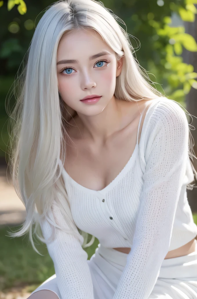 １４歳のwhite人モデル, 立っているPhoto above the knee,（(Clean clothes)), white clothes, Natural light, きれいなwhite人女性, white hair, lazy smile, (8K, Live shooting, highest quality, masterpiece: 1.2), masterpiece, Super detailed, , High-definition RAW color photo, , , , wonderful, , highly detailed eyes, realistic skin texture, highly detailed fingers, very small nose, highly detailed mouth, , Photo above the knee, , See-through feeling、transparent processing、wearing tight clothes、, white髪, blue eyes, masterpiece, realistic skin texture, Super detailed, shiny hair and white skin, 、 natural skin texture、Woman looking young、Photo above the knee、blue eyes、、lowered eyebrows、innocent face、gentle and big eyes、natural skin texture、round face、kind eyes、long and pure white beautiful hair、、small face、No decorations included、white, droopy eyebrows、Mont Blanc