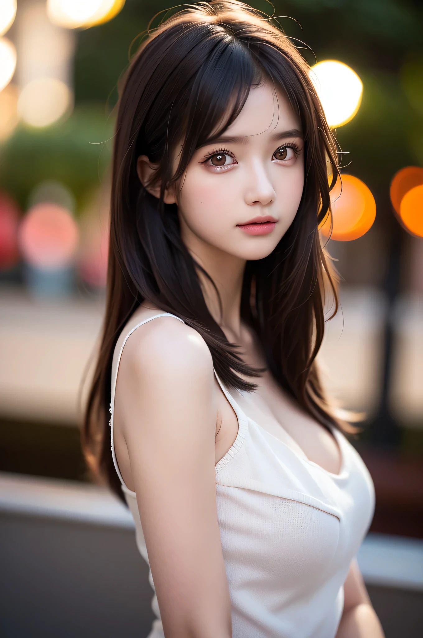 (best quality), (ultra-detailed), (llustration), (detailed light), (an extremely delicate and beautiful), ung girl, brown hair, brown eyes, model, bare shoulders, best quality, extremely detailed CG unified 8k wallpaper, High-definition raw color photos, professional photograpy, (((Bokeh))), depth of fields, twilight, sunset,