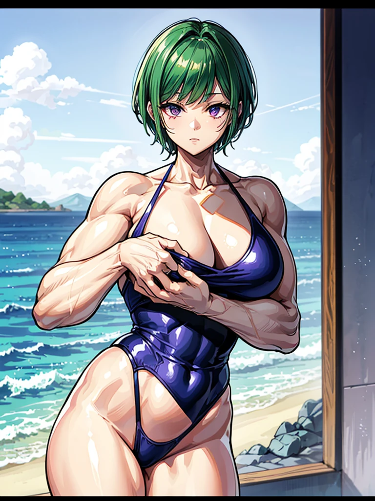 （（（masterpiece、Highest image quality、highest quality、highly detailed unity 8ｋwallpaper）））、（（Illustration of one girl））、（（（beautiful girl）））、（（green hair、pixie cut：1.3、sidelocks、purple eyes））、（stocky build, thickset physique, muscular legs, broad shoulders：1.2, solid chest：1.3）、swimsuit、sandy beach