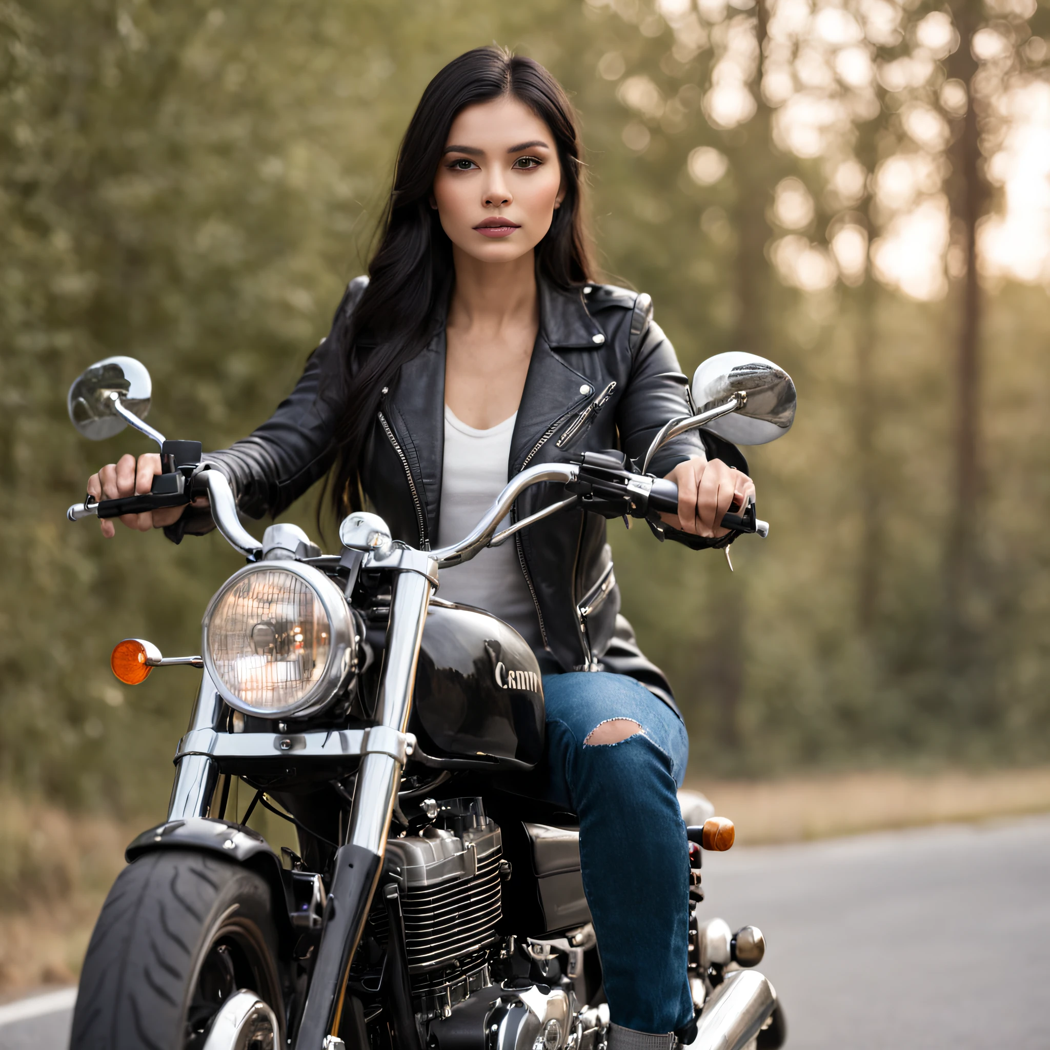 Belle fille aux longs cheveux noirs balade moto sans casque