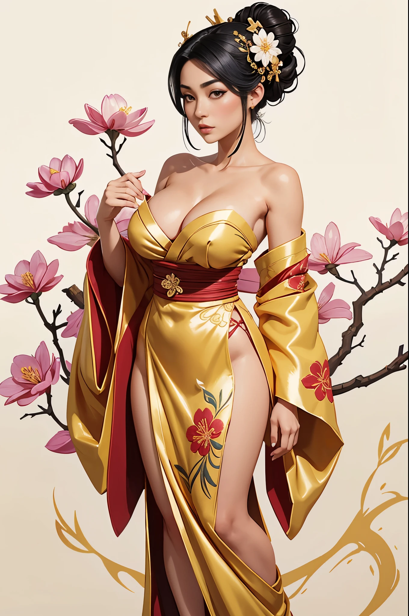 gorgeous oriental woman, black hair in an elaborate hairstyle, elegant embroidered kimono, sakura flower embroidery, gold details, full body shot, cleavage, bare shoulders, standing, large breasts, alchemist, strapless dress, vials
, potions, updo, blank background, white background, lulu, ffx