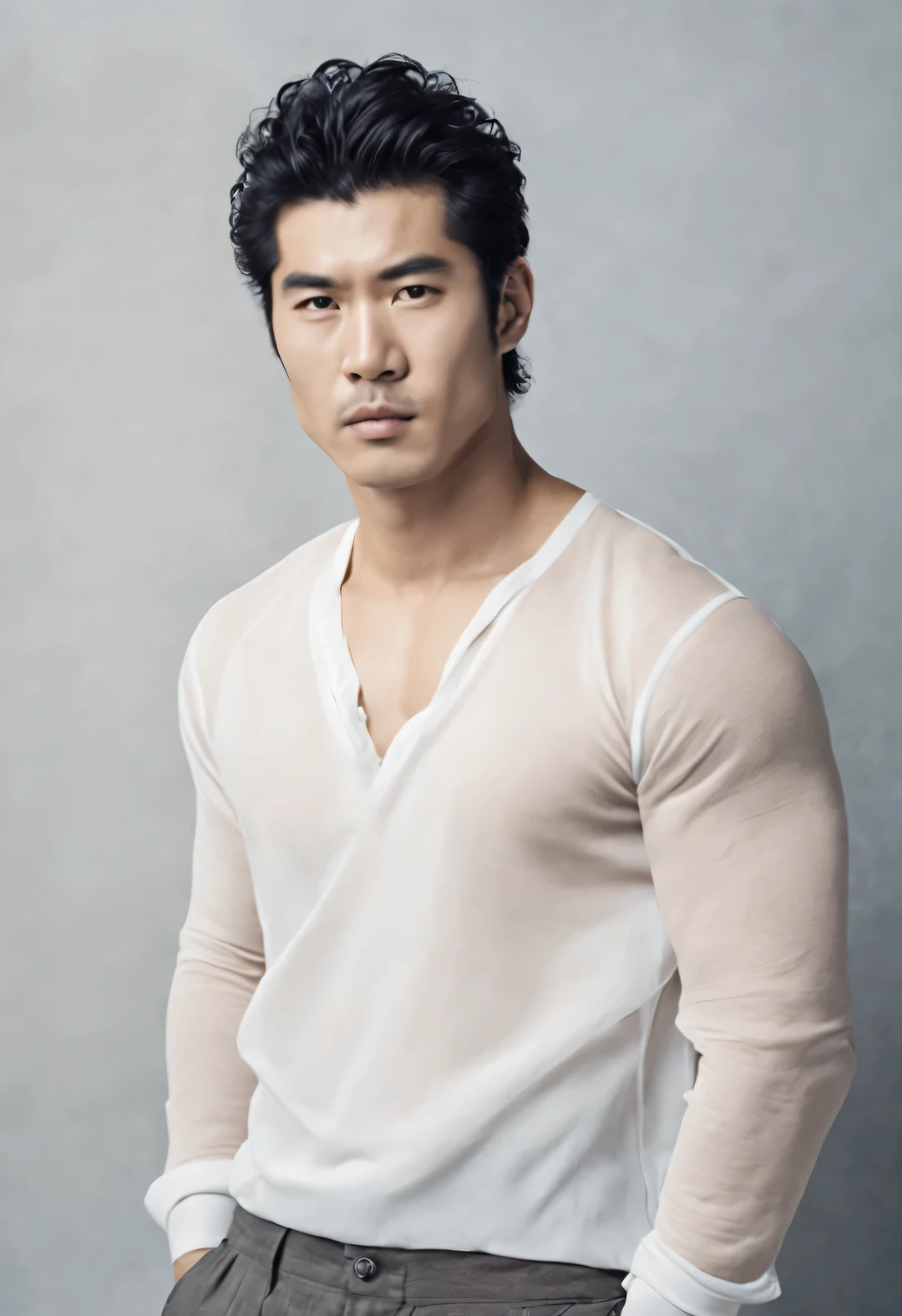 Head portrait of Asian man with completely transparent face and black curly hair,(bust),(Chinese actor Jin Dong),Toned muscles,