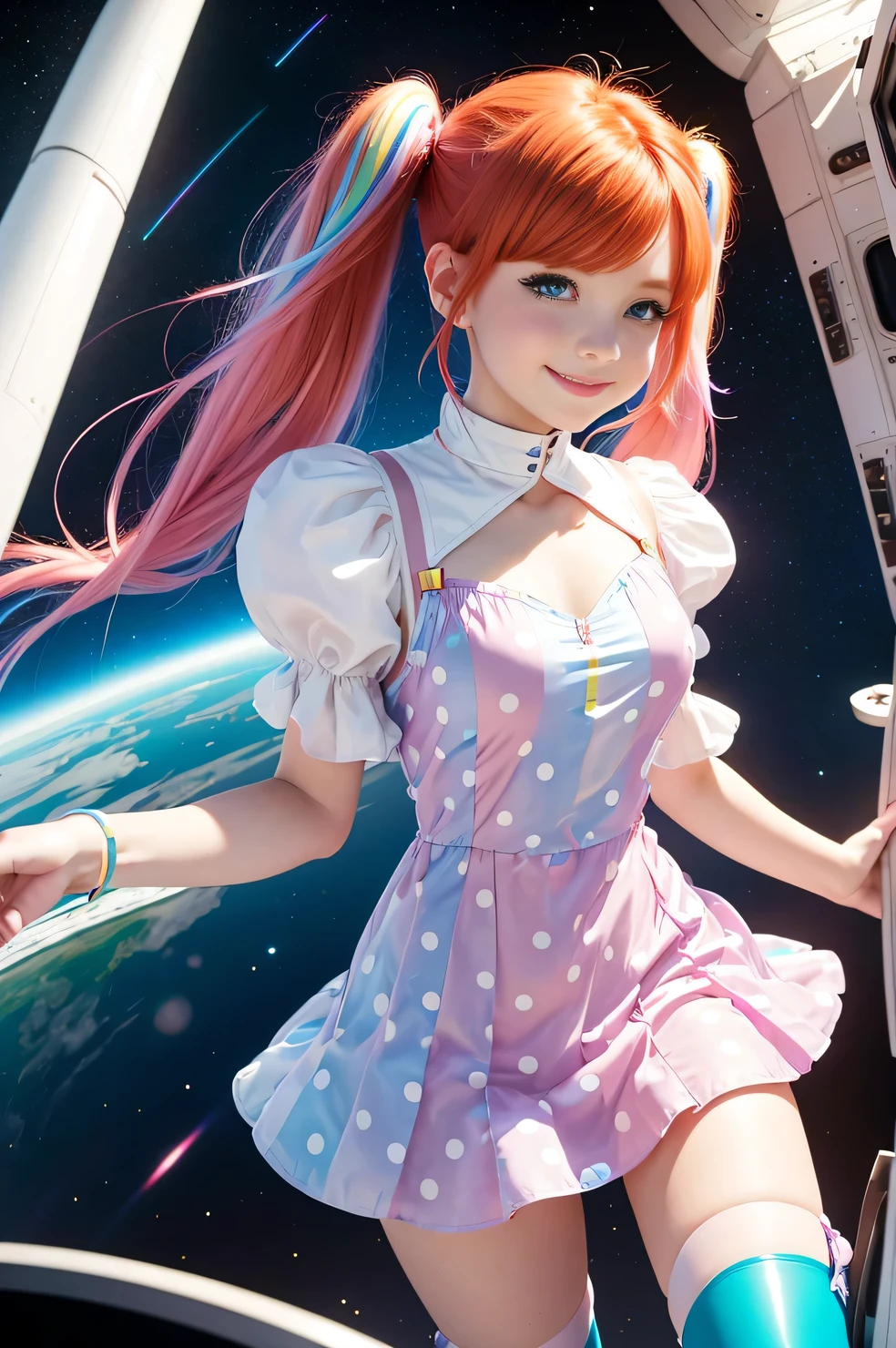 Cute redhead with rainbow colored hair tips, ribbons in her hair, 18-year-old woman, happy, smiling, in twin tails, perfect eyes, clear sparkling blue eyes, pale skin, silky smooth skin, flying a fancy metal luxurious space ship, futuristic cockpit, she's a pilot, outer space, stars in background, dark warm lighting, wearing a futuristic party dress, pleated (chemise) mini dress (pastel rainbow colors, and polka dots), puffy sleeves, silk, wearing full body pantyhose, cute short cut boots.