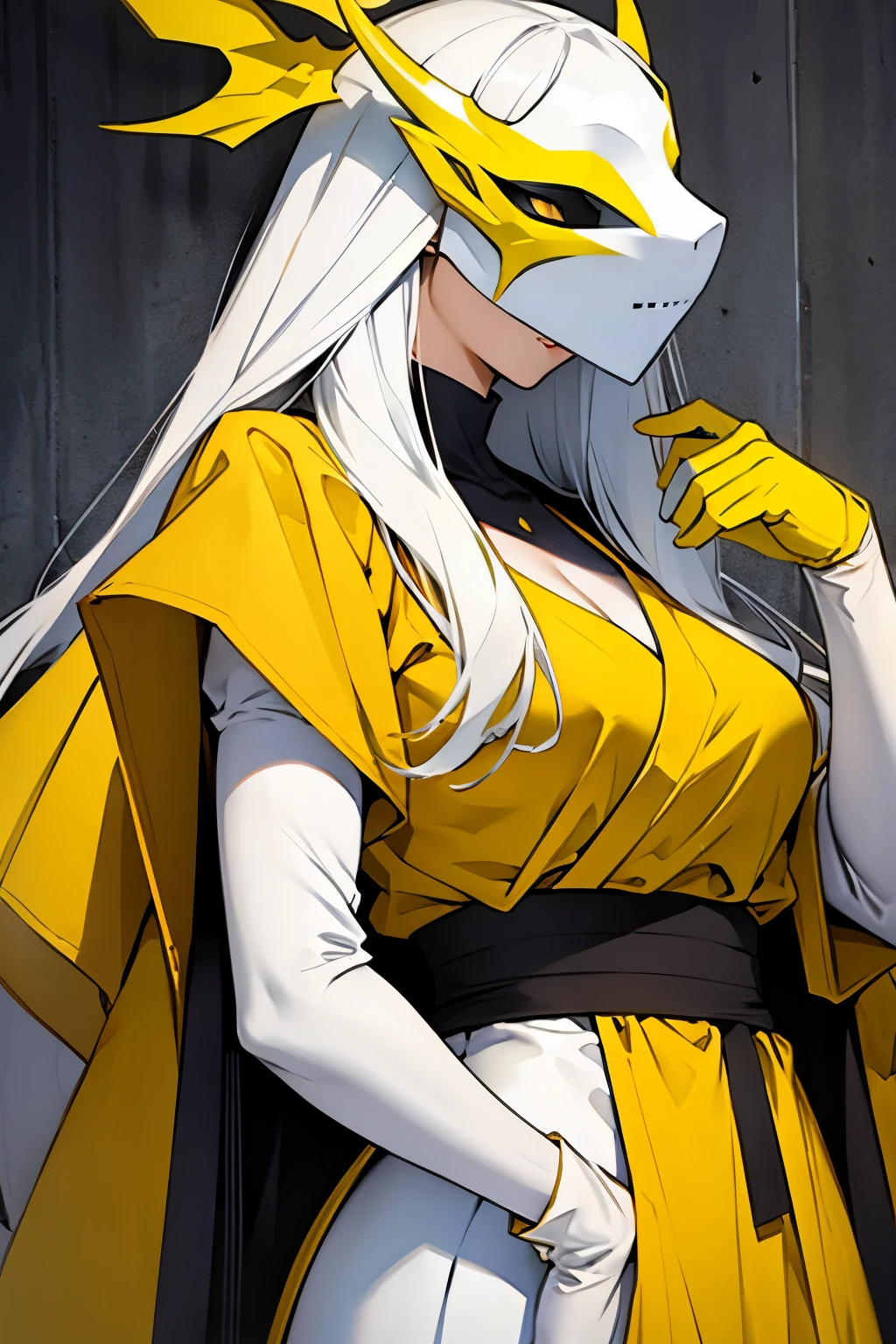 woman dressed in yellow garbs and a full Pale white mask