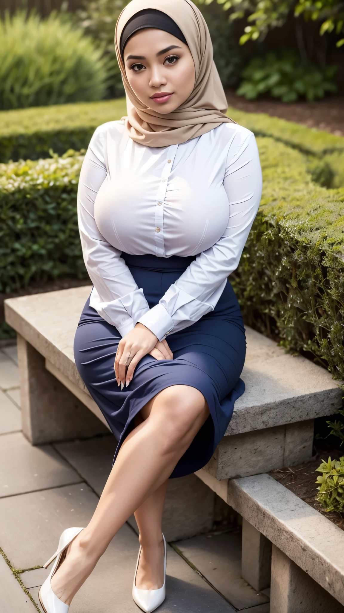 ( Close Up),RAW, Best quality, high resolution, masterpiece: 1.3), beautiful Malay woman in hijab,Masterpiece, perfect fit body,(( big breast)),big gorgeous eyes, Soft smile,beutiful face,thick thighs, woman in hijab talking while sitting down garden, wearing elegant casual clothes and long skirt,perfect legs , wearing casual clothing, casual pose, wearing casual clothes, casual clothing style, casual business outfit, wearing a blouse, smart casual, wearing in shirt, dressed casually, casual modern clothing, wearing beautiful clothes, modern casual clothing , Excellent lighting, Bright colors, Clean lines,