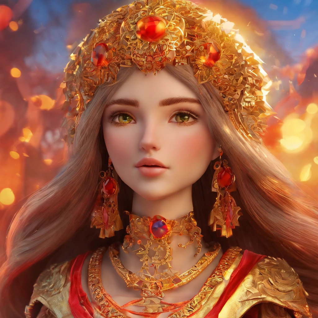 IP doll славянский The Sun God, goddess, Red, Golden, Yellow, fiery, Blue, Slavic costume, Golden тело, golden head, Golden Hands, golden legs, doll спускается с небес, From the sky, in the sky there are golden and red Slavic fire runes, головной убор Golden fiery Sun, Bright red yellow eyes, cherub, славянский красно-золотой сарафан со славянским ornamentом , Textured, ornament, славянский ornament, epic, The Sun God, god of the Slavic sun, лепная doll, стройная doll из папье-маше, thin golden fingers, Golden hair, Flames, Sun, стройная doll из глины, Adult, нарядная doll, body with arms and legs, textured face, the face is decorated with Slavic runes, clay, models, doll, Shiny and delicate,Celestial background, Good shine, 3D rendering,Best quality