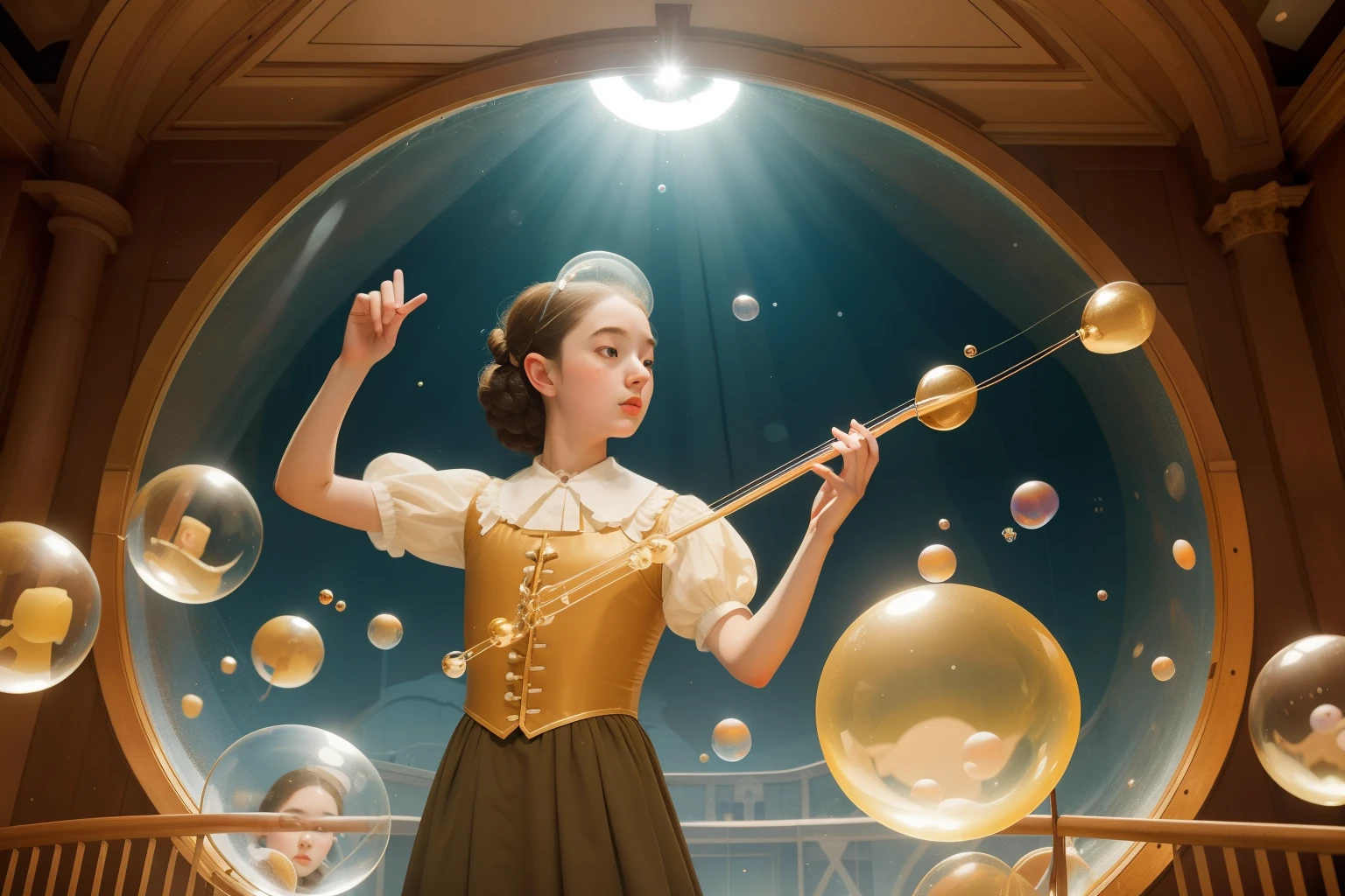 1630s Bubble Symphony Orchestra (Location: Bubble Symphony Hall)
Character: A musically gifted teen, with bubble-inspired instruments, conducts the Bubble Symphony Orchestra in the bubble symphony hall during the 1630s. Wes Anderson's hall palette paints a scene of soapy serenades.