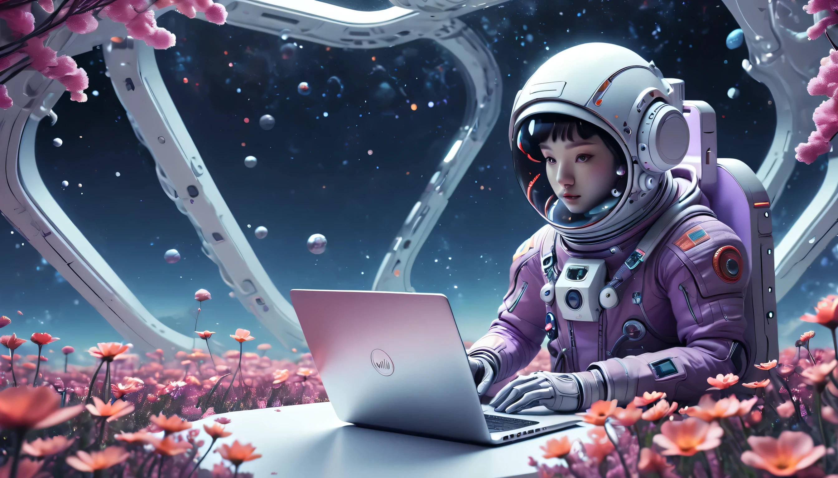 Astronaut sitting in a sea of flowers holding a Lenovo laptop,Mysterious faces,Mirror, Futurism, Art Nouveau, outer space,three dimensional space, fantastic symbols, High quality, digital minimalism, light purple and light red, concept art,xunni photography,DT spaceship