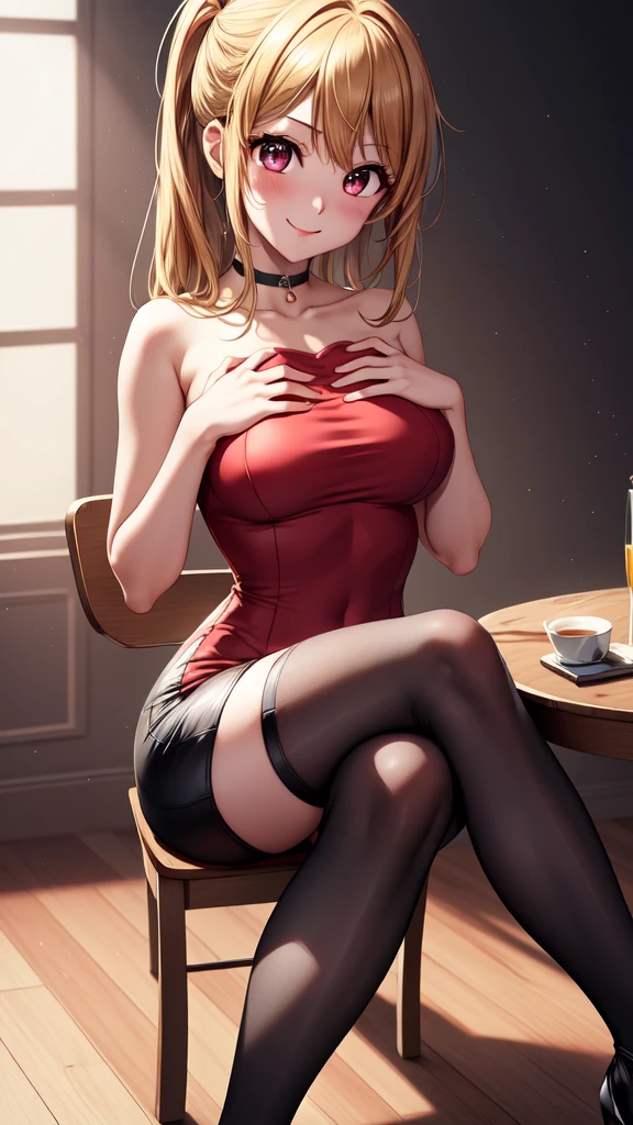 anime, beautiful face, highly detailed face, 2 accurate legs detailed eyes, highly detailed background, perfect lighting, accurate arms, accurate hands, accurate fingers, full body, 1girl, solo, ruby hoshino, oshi no ko, indoors, detailed heels, black heels, beautiful blonde hair, detailed thighhighs, absurdres, high res, ultrasharp, 8K, masterpiece, looking over her shoulders, looking at viewer, teasing smile, clubbing, in a nightclub, nightclub outfit, beautiful pencil dress, pencil skirt, sitting on a chair in the club, (hands on chest:1.4)