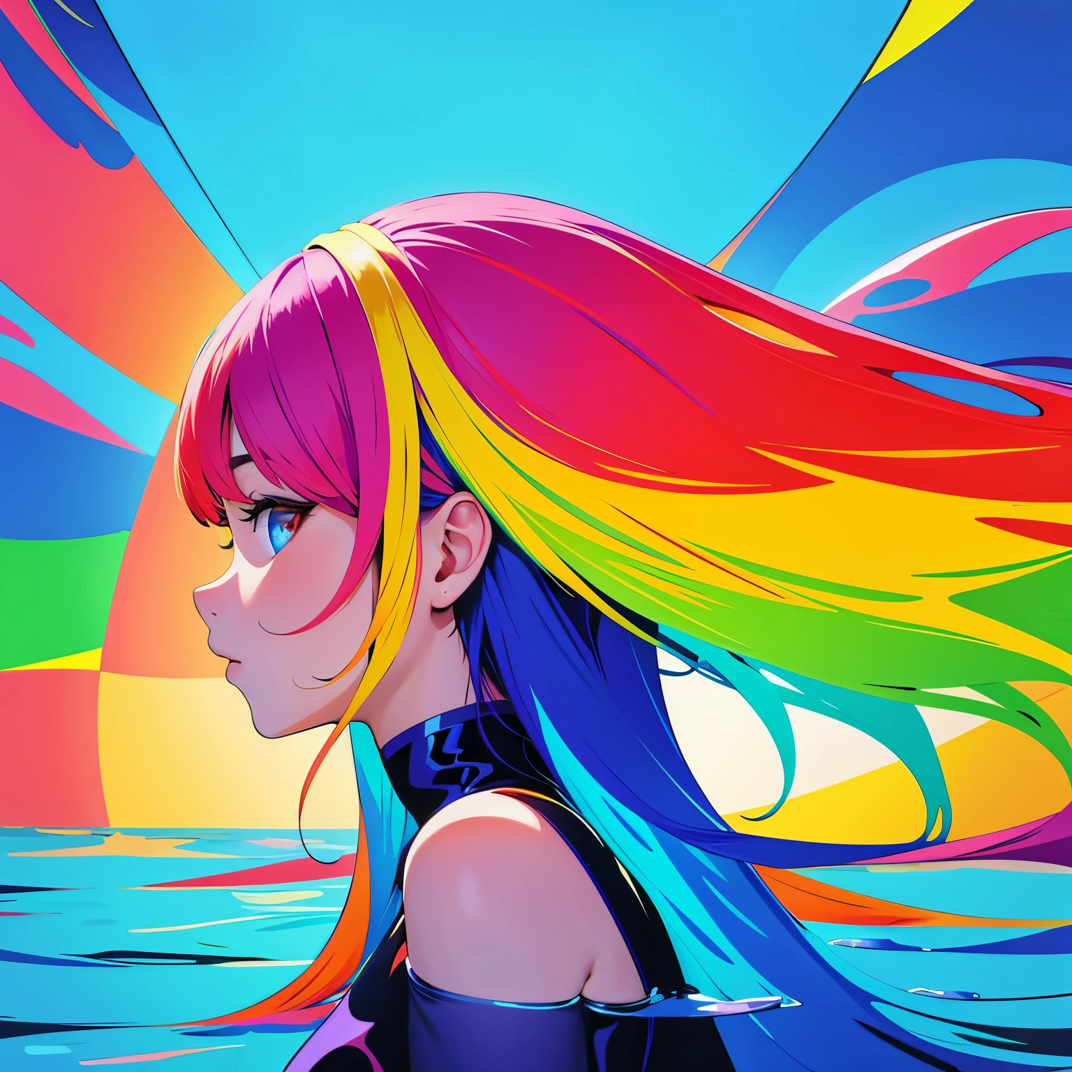 (ultra detailed,ultra high res,detailed background),((2D)),((flat color)),((colorful)),((floating colorful water)),1girl,solo,looking at viewer,BREAK, portrait photo, medium shot, profile photo