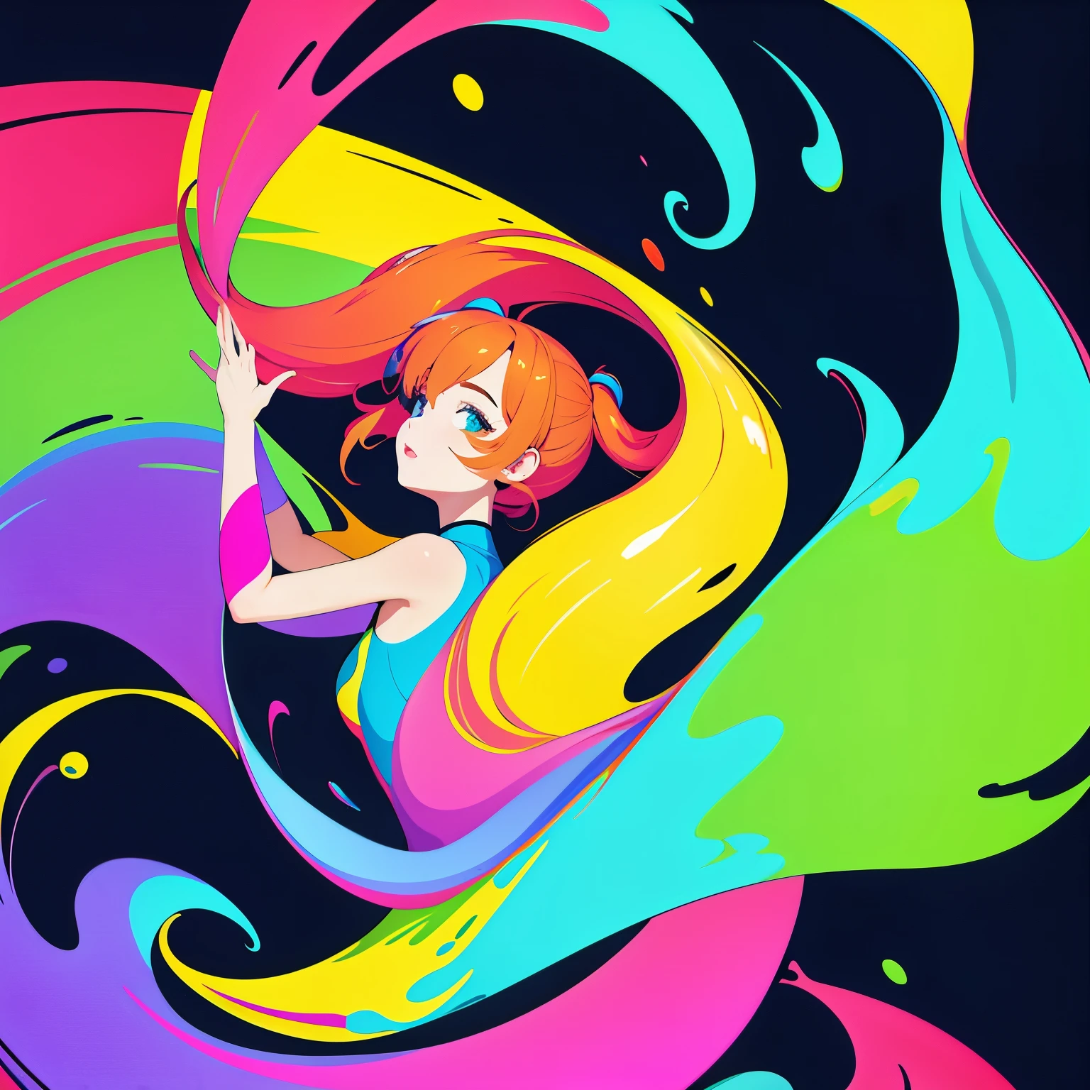 (ultra detailed,ultra high res,detailed background),((2D)),((flat color)),((colorful)),((floating colorful water)),1girl,solo,looking at viewer,BREAK, portrait photo, medium shot, profile photo
