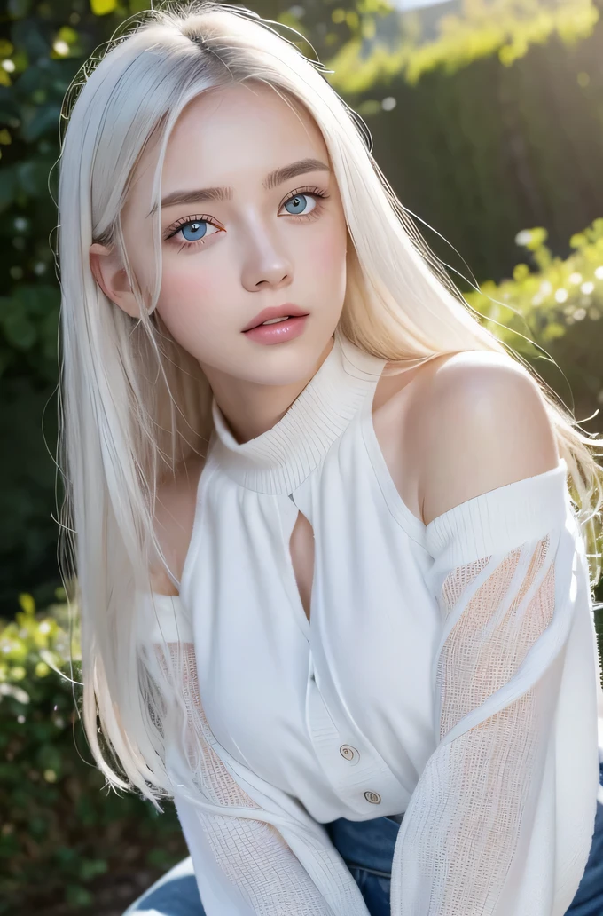 １４歳のwhite人モデル, 立っているPhoto above the knee,（(Clean clothes)), white clothes, Natural light, きれいなwhite人女性, white hair, lazy smile, (8K, Live shooting, highest quality, masterpiece: 1.2), masterpiece, Super detailed, , High-definition RAW color photo, , , , wonderful, , highly detailed eyes, realistic skin texture, highly detailed fingers, very small nose, highly detailed mouth, , Photo above the knee, , See-through feeling、transparent processing、wearing tight clothes、, white髪, blue eyes, masterpiece, realistic skin texture, Super detailed, shiny hair and white skin, 、 natural skin texture,  Woman looking young,  Photo above the knee、blue eyes,  、lowered eyebrows,  innocent face,  gentle and big eyes,  natural skin texture, round face,  kind eyes, long and pure white beautiful hair、, small face,  No decorations included,  white, droopy eyebrows,  Mont Blanc, white, droopy eyebrows