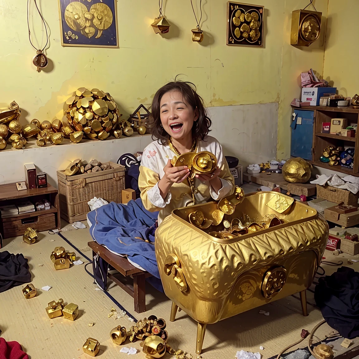 High resolution、high quality、High resolution、real image、be familiar with、1 mature female、blonde curly hair、Laughing out loud while looking at the camera、Lean your body、small breasts、Golden bra and panties、(Large gold nuggets are scattered throughout the room..:1.5)