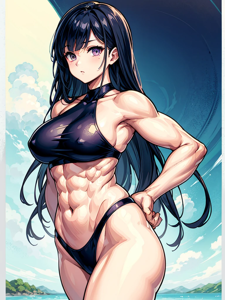 （（（masterpiece、Highest image quality、highest quality、highly detailed unity 8ｋwallpaper）））、（（Illustration of one girl））、（（（beautiful girl）））、（（green hair、pixie cut：1.3、sidelocks、purple eyes））、（stocky build, thickset physique, muscular legs, broad shoulders：1.2, solid chest：1.3）、swimsuit、sandy beach