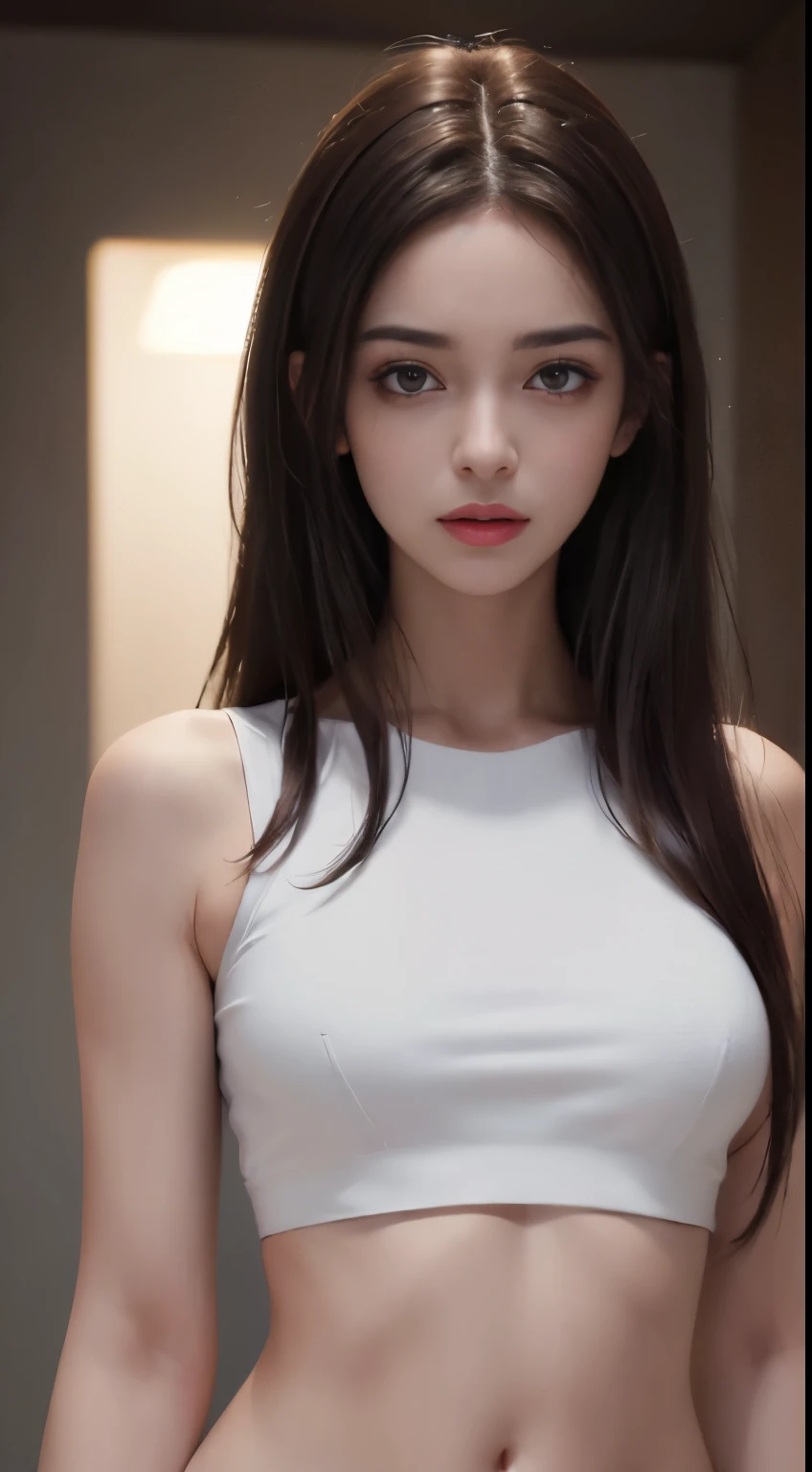 ((realistic lighting, highest quality, 8K, masterpiece: 1.3)), clear focus: 1.2, 1 girl, perfect figure: 1.4, slim abs: 1.1, ((dark brown hair)), (white crop top: 1.4), (dark background), super fine face, fine eyes, double eyelid,