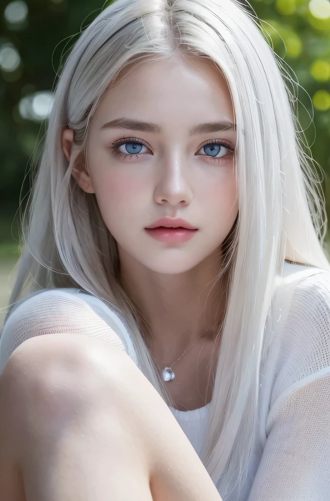 14歳のwhite人モデル, 立っているPhoto above the knee,((Clean clothes)), white clothes, Natural light, きれいなwhite人女性, white hair, lazy smile, (8K, Live shooting, highest quality, masterpiece: 1.2), masterpiece, Super detailed, , High-definition RAW color photo, , , , wonderful, , highly detailed eyes, realistic skin texture, highly detailed fingers, very small nose, highly detailed mouth, , Photo above the knee, , See-through feeling、transparent processing、wearing tight clothes、, white髪, blue eyes, masterpiece, realistic skin texture, Super detailed, shiny hair and white skin, 、 natural skin texture, Woman looking young, Photo above the knee、blue eyes, 、lowered eyebrows, innocent face, gentle and big eyes, natural skin texture, round face, kind eyes, long and pure white beautiful hair、, small face, No decorations included, white, droopy eyebrows, Mont Blanc, white, droopy eyebrows