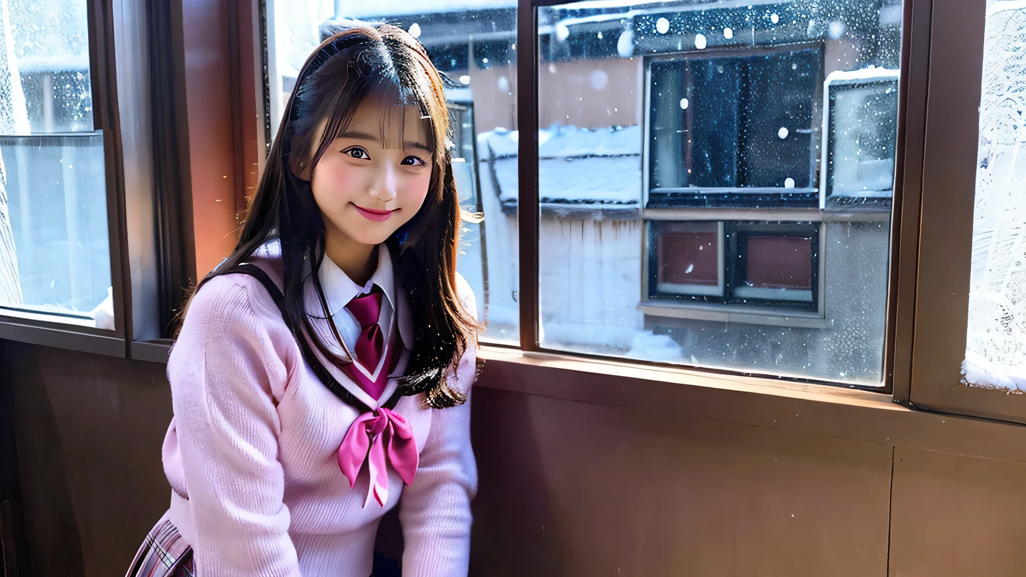 cute high school girl, 18-year-old, Wearing a pink miniskirt uniform.、The background is inside the classroom、I can see snow outside the window