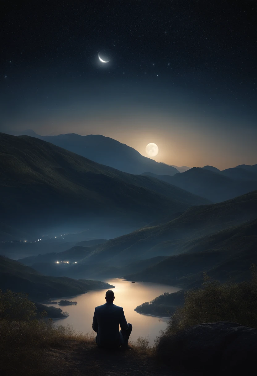 man sitting sad, Gazing at the dark horizon, shooting stars and the moon., Human beings have a deep relationship with God., The landscape is extraordinarily detailed., Extraordinarily realistic man, Everything is very detailed and beautiful., Special quality. 8K Realism