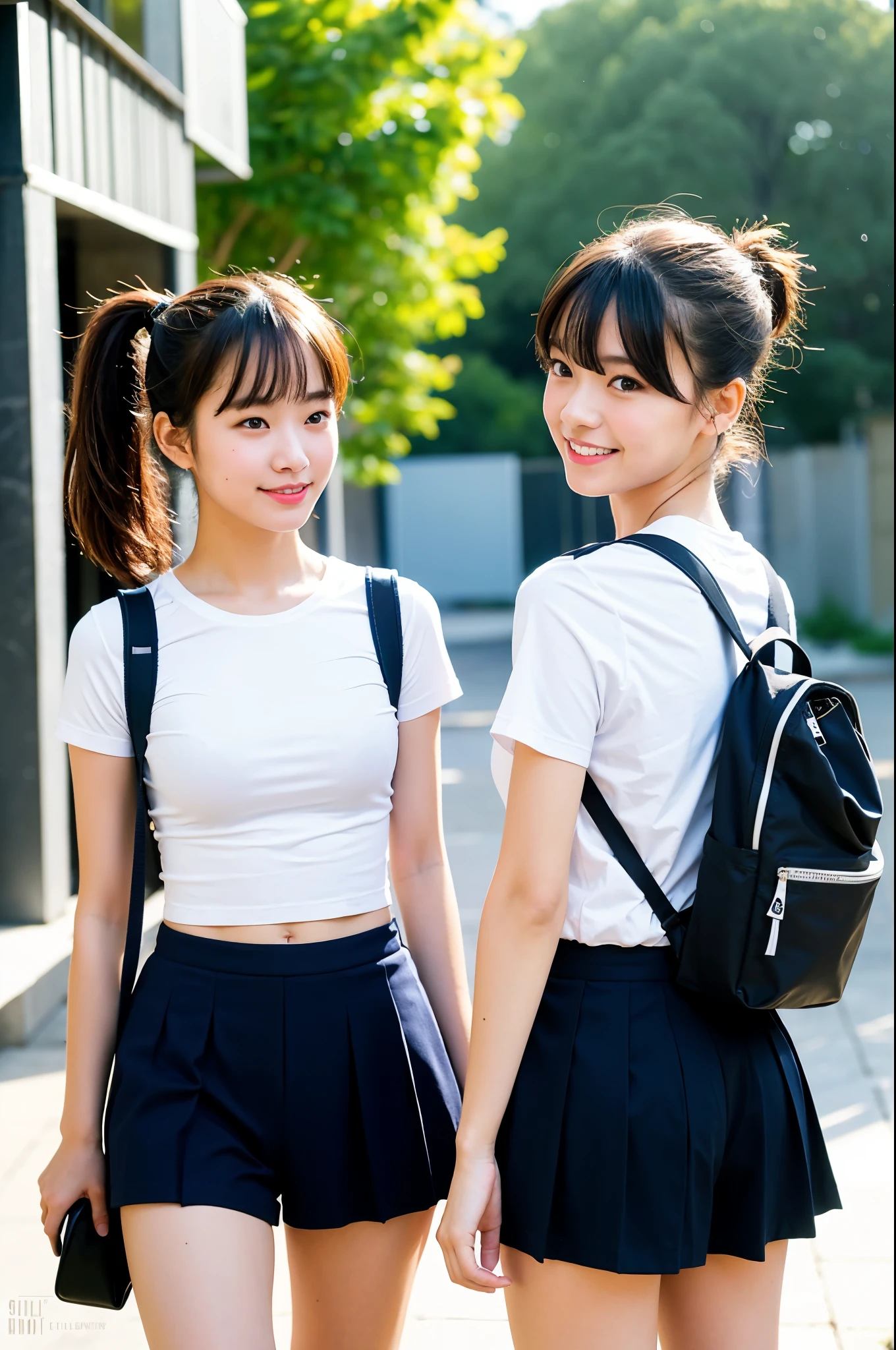 8K、Top image quality、masterpiece、夏天、(She closed only her right eye:1.5)、Japanese high school girl、On the way to school、Summer Uniforms、shortsleeves、Knee-length skirt、Enjoy conversations with friends