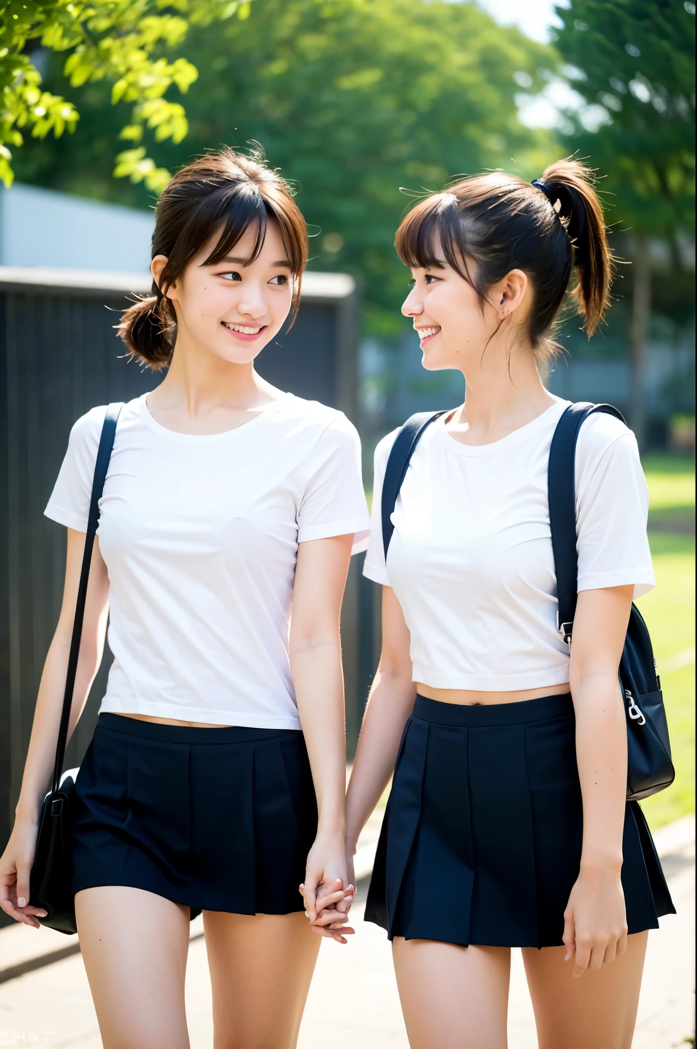 2 girls walking in school yard,short-sleeved white plain t-shirt with trim,navy blue high-cut briefs,school bag,18-year-old,bangs,a little smile,thighs,knees,short cut hair,low ponytail,from below,front-lighting
