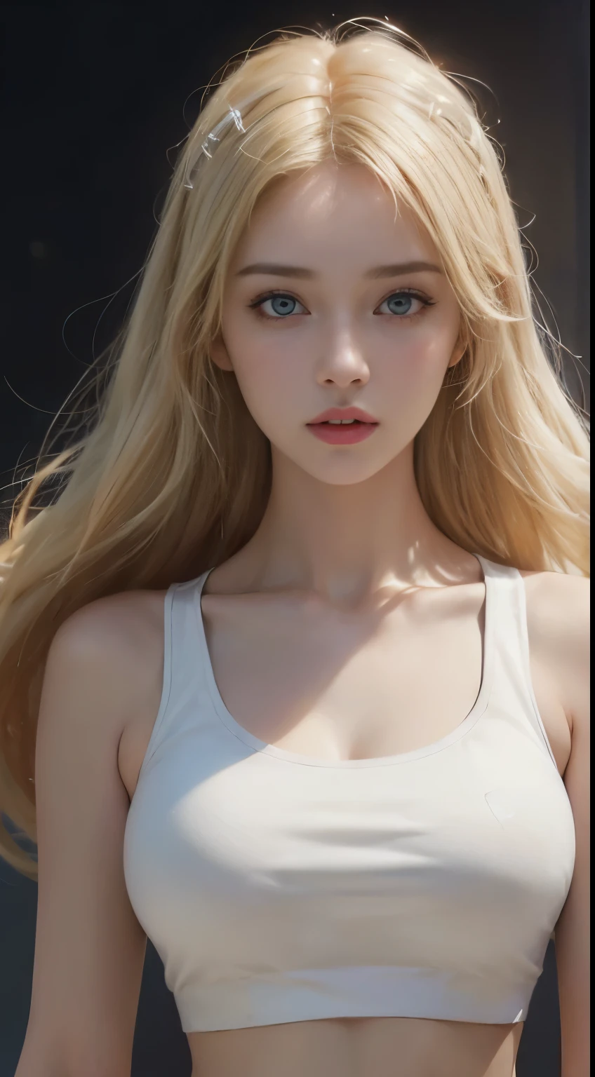 ((realistic lighting, highest quality, 8K, masterpiece: 1.3)), clear focus: 1.2, 1 girl, perfect figure, big boobs, ((blonde)), (white crop top: 1.4), (dark background), super fine face, beautiful eyes, double eyelid,