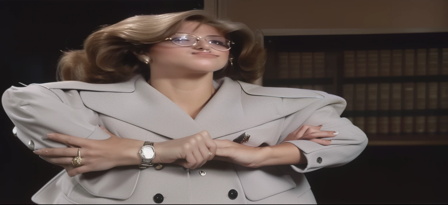 A woman wearing a gray coat standing in front of a bookshelf, female lawyer, 1 9 8 0 S Business Fashion, with shoulder pads, 1 9 8 2, 1982, 1 9 8 1, 1981, lawyer, Beautiful woman, 1 9 8 0 s Video Still Images, 1 9 8 3, 1983