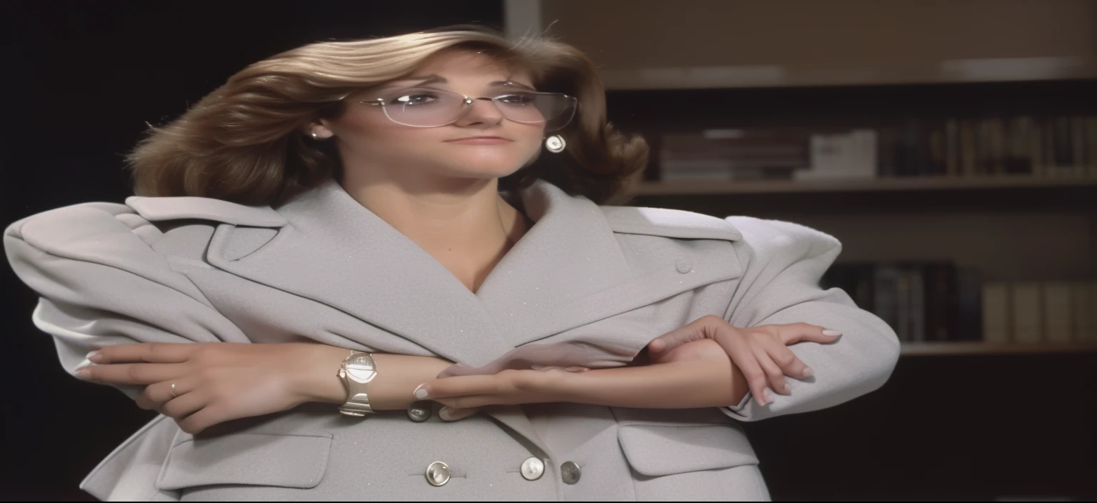 A woman wearing a gray coat standing in front of a bookshelf, female lawyer, 1 9 8 0 S Business Fashion, with shoulder pads, 1 9 8 2, 1982, 1 9 8 1, 1981, lawyer, Beautiful woman, 1 9 8 0 s Video Still Images, 1 9 8 3, 1983