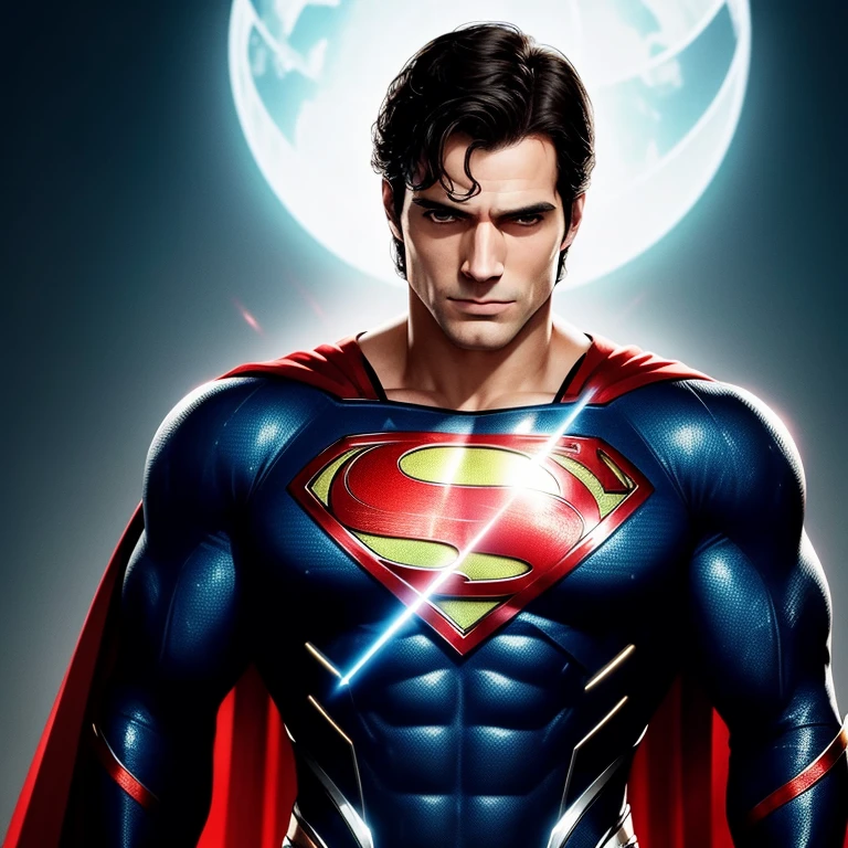 Superman, portrayed as the handsome and chiseled Henry Cavill, stands before us with a human body showcasing intricately detailed anatomy. His face, a masterpiece of high definition, boasts pronounced cheekbones, a strong jawline, and piercing red eyes, giving an intense and determined look. In his hands, a robotic costume shines with gleaming metallic surfaces and highly detailed mechanisms, creating an alluring contrast against his human form. The red eye lasers, emitting a bright and intense beam, further emphasize his superhuman abilities. The photograph is taken in pristine 4K quality, bringing every detail into focus, making it a cinematic and hyperdet