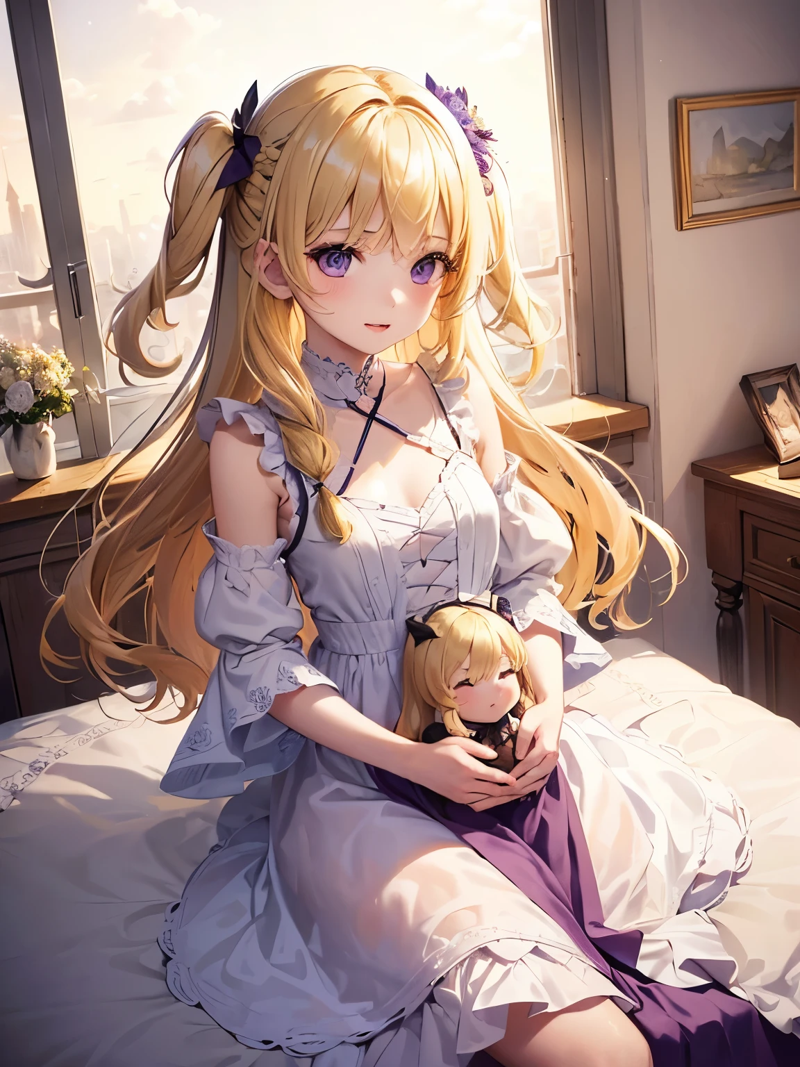 1girl,sense of deps,disorganized,catch light,Super beautiful illustrations,(beautiful blonde,Two Side Up Hairstyles:1.2),Landscape,Turn around,child;D,beautiful and delicate flowing hair,Delicate and detailed purple eyes,emphasized chest,(stuffed toy,Hold),inside the room