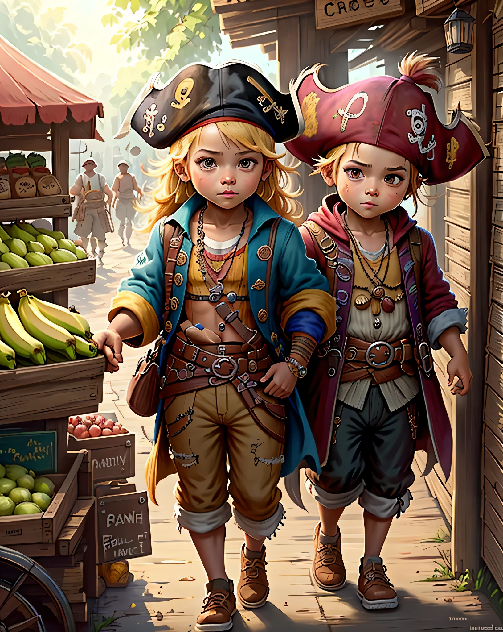 pirate children,buying bananas,market,animated,masterpiece:1.2,ultra-detailed,realistic,painting,concept artists,vibrant colors,warm tones,sunlight