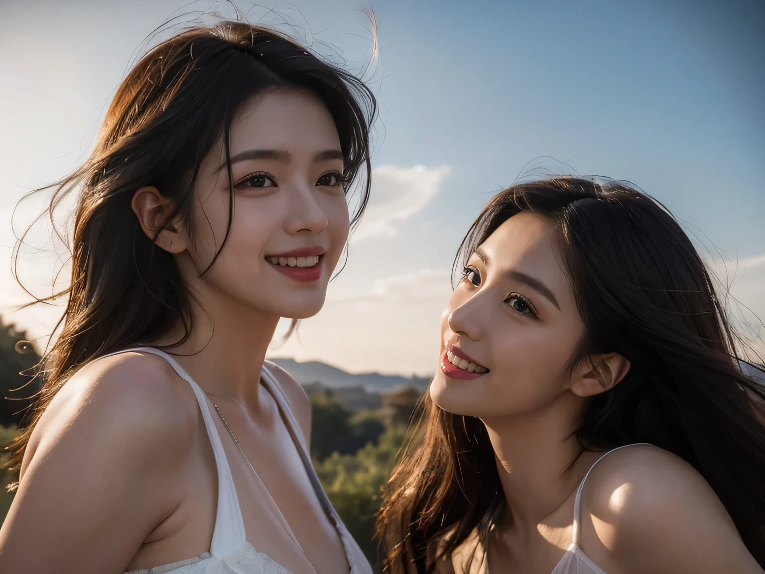 Ancient Roman scenery in the style of Nicolas Poussin,A smile,,Sweet and seductive appearance.、Caravaggio's paintings、Chiaroscuro of Caravaggio、Hair disheveled in the wind,Two women frolicking,Cute smile, Expression of ecstasy,A sexy,erotic